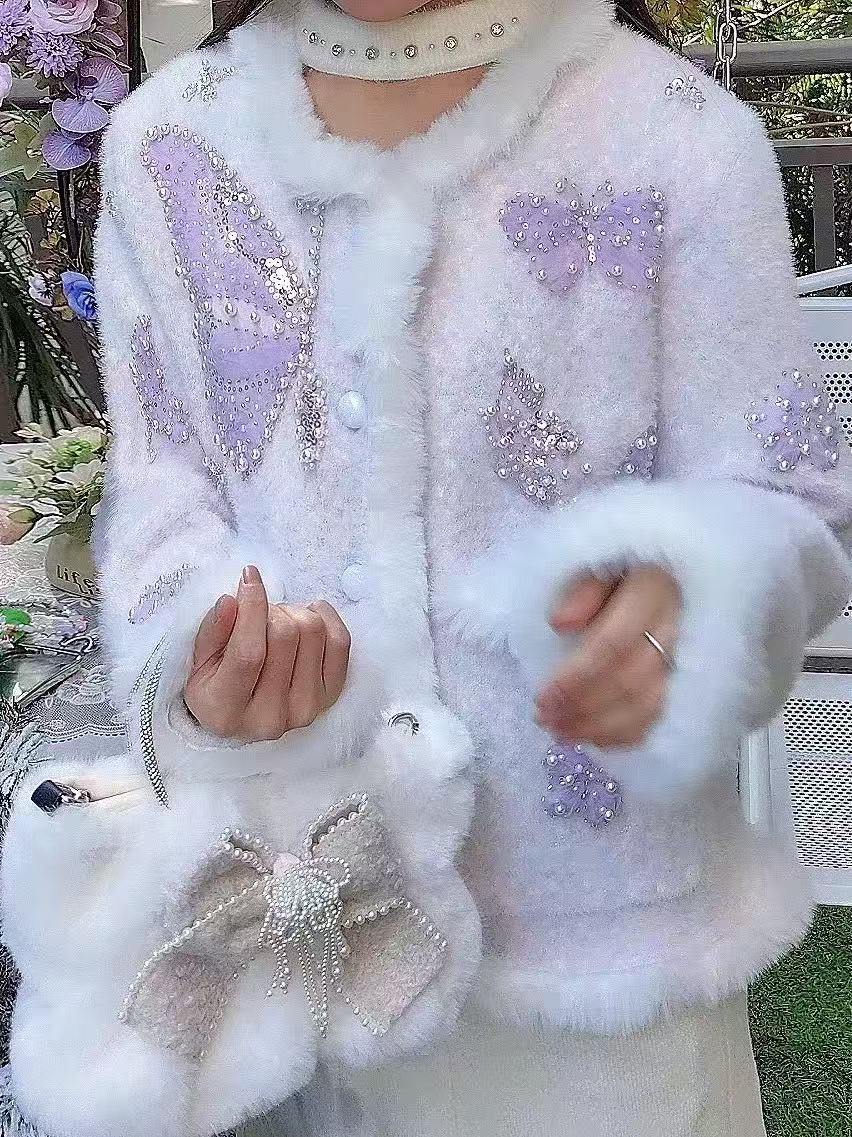 Wool Coat Peacoat - 高級感のあるパールビーズ刺繍ニットウェア、ラウンドネックカーディガンコート、レディース長袖セーター、アウターニットジャケット