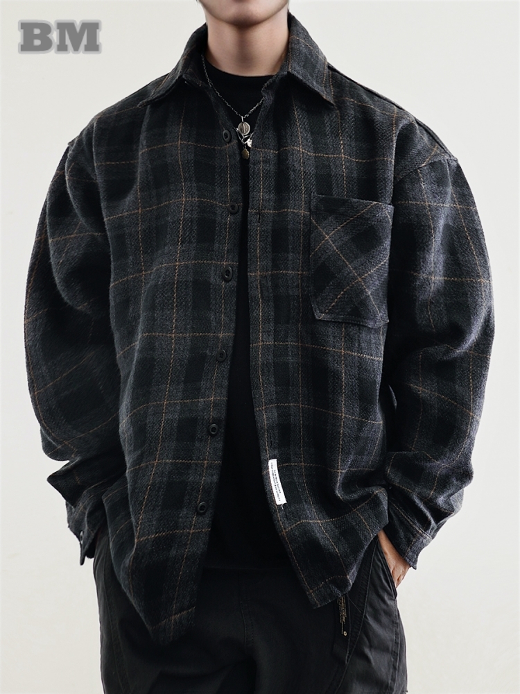 Flannel Shirt Lined - メンズフランネルシャツアメリカンヴィンテージストリート厚いチェック柄特大カーゴ長袖ルーズフィットカジュアルワークウェア秋冬
