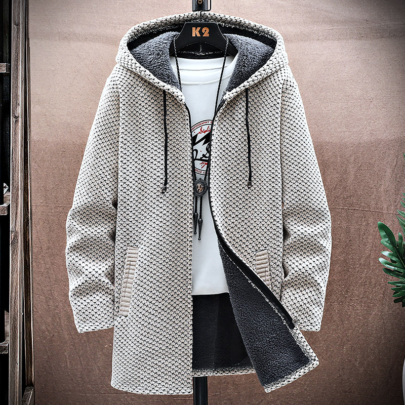 Wool Coat Peacoat - メンズカーディガンカシミヤロングコートセーターフード付き秋冬新フリース暖かい固体セーターコートウインドブレーカー男性服