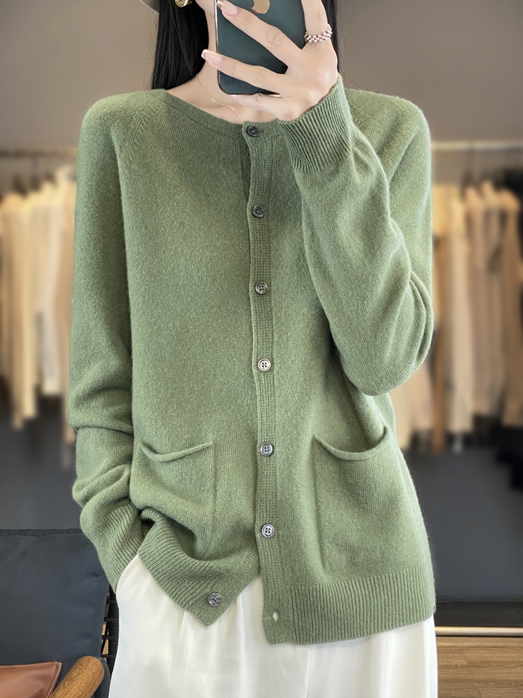 女性ファッションメリノウールセーター O ネック長袖ポケット - Wool Coat Peacoat のレビューと価格
