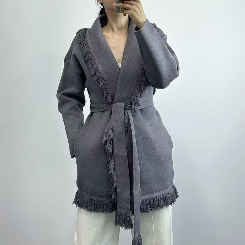 レディースフリンジロングウールニットカーディガン、レトロルー - Wool Coat Peacoat のレビューと価格