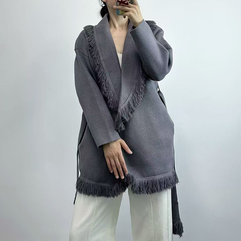 レディースフリンジロングウールニットカーディガン、レトロルー - Wool Coat Peacoat のレビューと価格